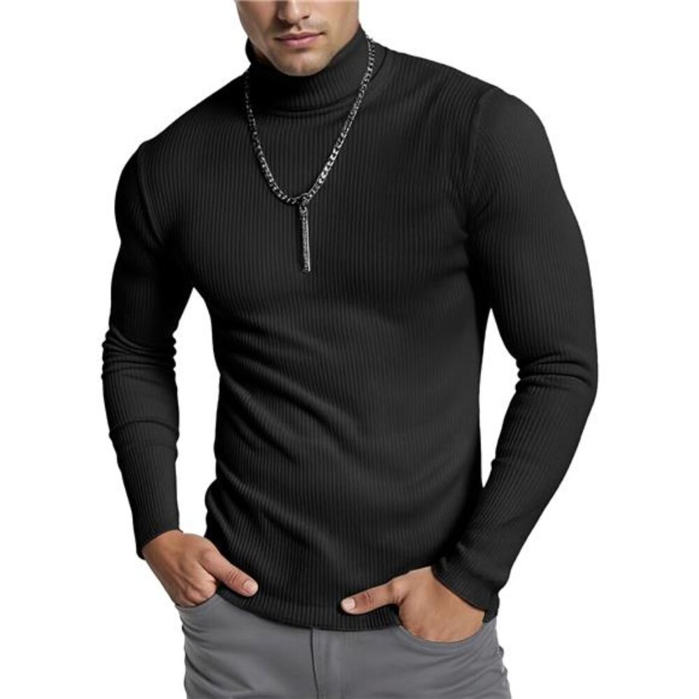 Men's Ribbed Turtleneck Slim Fit Pullover Casual Long Sleeves Basic